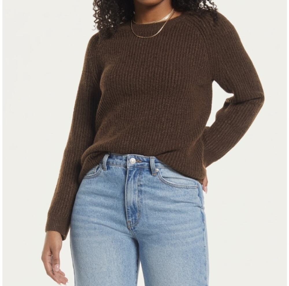 BP. Plaited Stitch Recycled Blend Crewneck Sweater Pullover Brown Earth Womens M